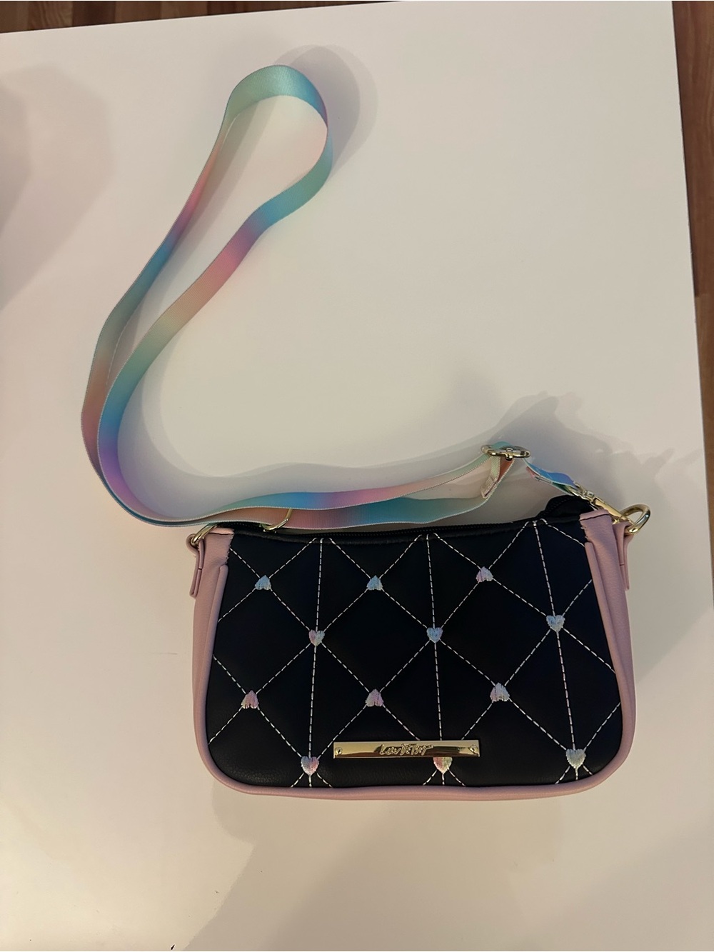Betsey Johnson Black & Pink Quilted Mini Crossbody with Rainbow Strap